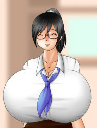 Rule 34 | 1girl, ^ ^, black hair, blurry, blurry background, breasts, closed eyes, gigantic breasts, glasses, high ponytail, holon, huge breasts, necktie, ponytail, real drive, seastone, semi-rimless eyewear, shirt, smile, solo, taut clothes, taut shirt, under-rim eyewear