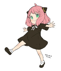 Rule 34 | 1girl, ahoge, anya (spy x family), arms up, black dress, black footwear, child, dated, dress, full body, green eyes, grey background, hair ornament, kanya pyi, leg up, outstretched arms, pink hair, shoes, short dress, short hair, simple background, sketch, smile, socks, solo, spy x family, standing, standing on one leg, walking