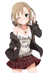 Rule 34 | 1girl, absurdres, adjusting headphones, belt, black belt, black jacket, brown hair, buchi (y0u0ri ), clothes writing, commentary, cowboy shot, english text, frilled skirt, frills, green eyes, grin, hand in pocket, headphones, highres, idolmaster, idolmaster cinderella girls, jacket, jewelry, looking at viewer, miniskirt, necklace, off shoulder, one eye closed, plaid, plaid shirt, pleated skirt, red skirt, shirt, short hair, simple background, skirt, smile, solo, standing, studded belt, tada riina, tank top, white background, white shirt