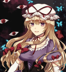 Rule 34 | 1girl, :d, artist name, black background, blonde hair, blush, bow, breasts, bug, butterfly, choker, collarbone, commentary request, corset, dress, elbow gloves, eyelashes, frilled dress, frilled sleeves, frills, gap (touhou), gloves, hair ribbon, hat, highres, insect, koto (shiberia39), large breasts, long hair, looking at viewer, mob cap, open mouth, puffy short sleeves, puffy sleeves, purple dress, purple eyes, red bow, red choker, red eyes, red ribbon, ribbon, ribbon choker, short sleeves, sidelocks, smile, solo, standing, touhou, tress ribbon, upper body, white gloves, white hat, yakumo yukari