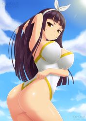 Rule 34 | 1girl, adjusting clothes, adjusting leotard, artist name, ass, black hair, blunt bangs, blush, bodysuit, breasts, cloud, cloudy sky, colored eyelashes, cowboy shot, day, fairy tail, from side, hair ornament, hair ribbon, hand in own hair, headband, highres, kagura mikazuchi, kainkout, large breasts, leotard, long hair, looking back, outdoors, ribbon, signature, sky, solo, standing, thighs, watermark, web address, white leotard, yellow eyes