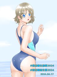 Rule 34 | 1girl, absurdres, blue sky, brown hair, competition swimsuit, highres, love live!, love live! sunshine!!, one-piece swimsuit, sky, swimsuit, watanabe you