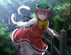 Rule 34 | 1girl, :o, absurdres, animal ear fluff, animal ears, arms at sides, blush, bobby socks, bow, bowtie, bridge, brown hair, bug, bush, butterfly, cat ears, cat tail, chen, chinese clothes, day, earrings, forest, frilled skirt, frills, green hat, hair between eyes, hat, high collar, highres, huge filesize, insect, jewelry, kakutasu (akihiron cactus), leg up, light particles, light rays, loafers, long sleeves, looking at animal, looking to the side, mandarin collar, mob cap, multiple tails, nature, orange eyes, outdoors, outline, outstretched arms, outstretched hand, red footwear, red skirt, red vest, ribbon, road, scenery, shirt, shoes, short hair, sidelocks, single earring, skirt, skirt set, socks, solo, sunlight, tail, touhou, tree, two tails, undershirt, vest, white shirt, white socks, wooden bridge, yellow bow, yellow bowtie, yellow ribbon