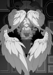 Rule 34 | 1girl, absurdres, birdy437, book, braid, breasts, choker, closed mouth, covered face, demon, dungeon meshi, elf, feathered wings, frown, greyscale, hair over shoulder, highres, horns, lion, long sleeves, looking at viewer, marcille donato, monochrome, multiple wings, nail polish, open book, pants, picture frame, pointy ears, puffy long sleeves, puffy sleeves, robe, sitting, solo focus, spoilers, throne, winged lion (dungeon meshi), wings