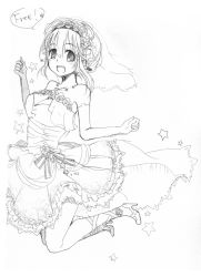 Rule 34 | 1girl, blush, breasts, dress, english text, flower, flower on head, greyscale, headphones, jumping, large breasts, long hair, looking at viewer, merryhachi, monochrome, monochrome, nitroplus, open mouth, smile, solo, super sonico, veil