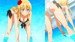 Rule 34 | 1girl, ass, bikini, blonde hair, blush, breasts, cleavage, crotch, flower, from above, from behind, from below, gamers!, green eyes, highres, leaning forward, long hair, looking at another, medium breasts, pool, screencap, smile, solo, swimsuit, tendou karen, white bikini