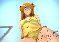 Rule 34 | 1girl, absurdres, arms behind back, artist request, bare legs, bare shoulders, blue eyes, breasts, brown hair, cameltoe, covered navel, day, foreshortening, highres, long hair, looking at viewer, low angle, neon genesis evangelion, one-piece swimsuit, shiny skin, signature, simple background, sky, small breasts, smile, solo, souryuu asuka langley, stomach, swimsuit, thighs, two side up, wide hips, yellow one-piece swimsuit