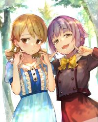 Rule 34 | 2girls, blue dress, blush, bow, bowtie, brown eyes, commentary request, day, dress, drill hair, earrings, fingers to cheeks, forest, high-waist skirt, highres, idolmaster, idolmaster cinderella girls, jacket, jewelry, koshimizu sachiko, light brown hair, light purple hair, long hair, looking at viewer, looking away, looking to the side, morikubo nono, multiple girls, nature, okeno kamoku, open mouth, outdoors, puffy short sleeves, puffy sleeves, ringlets, short hair, short sleeves, signature, skirt, smile, stud earrings, sunlight, tree, upper body, yellow bow