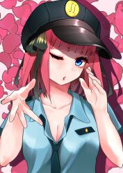 Rule 34 | 1girl, alternate costume, black hat, black ribbon, blowing kiss, blue eyes, blue shirt, blunt bangs, blush, breasts, butterfly hair ornament, cleavage, collarbone, collared shirt, commentary request, eyebrows hidden by hair, eyelashes, go-toubun no hanayome, hair ornament, hair ribbon, hand up, hat, head tilt, highres, imananashi, large breasts, looking at viewer, medium hair, nakano nino, one eye closed, open mouth, petals, pink hair, police, police hat, police uniform, ribbon, rose petals, shirt, short sleeves, simple background, solo, straight hair, uniform, upper body, white background