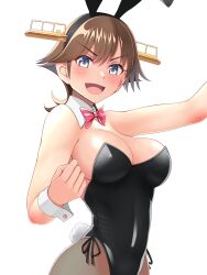 Rule 34 | 1girl, absurdres, animal ears, black leotard, bow, bowtie, breasts, brown hair, brown pantyhose, cleavage, commentary request, cowboy shot, detached collar, fake animal ears, flipped hair, hairband, headgear, hiei (kancolle), highres, kantai collection, large breasts, leotard, looking at viewer, pantyhose, playboy bunny, purple eyes, rabbit ears, rabbit tail, red bow, red bowtie, short hair, simple background, solo, strapless, strapless leotard, tail, tussy, white background, wrist cuffs