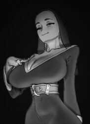 Rule 34 | 1girl, absurdres, belt, black background, breasts, cleavage, closed mouth, hand on own chest, highres, huge breasts, looking at viewer, nun, original, simple background, smile, solo, v-neck, veil, wass nonnam