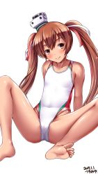 Rule 34 | 1girl, arm support, ass, barefoot, blush, breasts, brown eyes, brown hair, closed mouth, collarbone, commentary request, competition swimsuit, covered navel, dark-skinned female, dark skin, fang, feet, hair between eyes, hair ribbon, hat, highleg, highres, kantai collection, libeccio (kancolle), long hair, looking at viewer, mini hat, navel, one-piece swimsuit, ribbon, simple background, sitting, skindentation, small breasts, smile, soles, solo, spread legs, swimsuit, tan, toes, tsuchimiya, twintails, white background