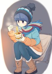 Rule 34 | 1girl, beanie, black footwear, blowing, blowing on food, blue hair, blue pants, blush, boots, brown footwear, camping chair, chair, chopsticks, commentary request, cup, food, full body, fur-trimmed boots, fur trim, hat, highres, holding, holding chopsticks, holding cup, jacket, kajino (aosansai), long sleeves, multicolored clothes, multicolored jacket, multicolored scarf, multicolored stripes, nissin cup noodle, noodles, on chair, pants, purple eyes, ramen, scarf, shima rin, short hair, sitting, solo, steam, striped, striped clothes, striped scarf, yurucamp
