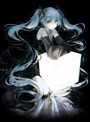 Rule 34 | 1girl, absurdres, aqua eyes, aqua hair, black background, black skirt, black sleeves, blue necktie, collared shirt, commentary, cube, detached sleeves, glowing, grey shirt, hatsune miku, highres, irodori warabi, long hair, looking at viewer, miku day, necktie, shirt, skirt, sleeveless, sleeveless shirt, sleeves past fingers, sleeves past wrists, solo, twintails, vocaloid