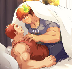 Rule 34 | 2boys, animal ears, bara, bare arms, biceps, blanket, brown eyes, brown hair, bulge, casual, couple, cow boy, cow ears, cow horns, eye contact, facial hair, facial scar, feather necklace, feet out of frame, fiery horns, flustered, forked eyebrows, from side, glowing horns, goatee, grey shirt, hand on another&#039;s chest, horns, jewelry, large pectorals, long sideburns, looking at another, lying, male focus, multiple boys, muscular, muscular male, necklace, on back, on bed, on person, pants, pectoral cleavage, pectorals, red tank top, scar, scar on cheek, scar on face, shirt, short hair, sideburns, smile, spiked hair, sunfight0201, sunlight, tamamura gunzo, tank top, thick eyebrows, thighs, tokyo houkago summoners, track pants, wakan tanka, wide-eyed, yaoi