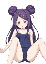 Rule 34 | 1girl, :o, bare arms, bare shoulders, blue one-piece swimsuit, blush, collarbone, competition school swimsuit, covered navel, double bun, feet out of frame, hair bun, hair ornament, heart, heart hair ornament, highres, knees up, looking at viewer, ochikobore fruit tart, one-piece swimsuit, parted lips, purple eyes, purple hair, school swimsuit, sekino roko, simple background, sitting, solo, strap slip, swept bangs, swimsuit, takasuma hiro, white background