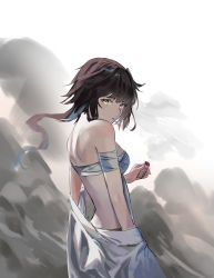 Rule 34 | 1girl, absurdres, bad id, bad pixiv id, bandaged arm, bandages, black hair, breasts, cigarette, commentary, dust cloud, from side, green eyes, highres, huge filesize, jacket, jenmin12, lighter, long hair, looking at viewer, looking to the side, medium breasts, off shoulder, original, sarashi, smoke, smoking, solo, white background, white jacket