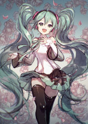 Rule 34 | 1girl, :d, ahoge, bare shoulders, black skirt, black sleeves, black thighhighs, blush, collared shirt, commentary, detached sleeves, fang, floral background, flower, glowing, green eyes, green hair, green ribbon, hair between eyes, hatsune miku, hatsune miku (nt), headphones, highres, lengchan (fu626878068), long hair, long sleeves, neck ribbon, open mouth, petals, piapro, pink flower, pink rose, pleated skirt, ribbon, rose, rose petals, see-through, see-through sleeves, shirt, skirt, sleeveless, sleeveless shirt, smile, solo, thighhighs, twintails, very long hair, vocaloid, white shirt, white sleeves, wide sleeves