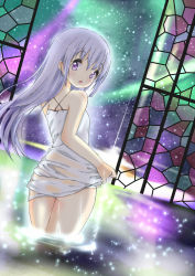 Rule 34 | 1girl, ass, blush, drying, drying clothes, glowing, keespring, looking at viewer, looking back, miu (re;member), official art, open mouth, partially submerged, purple eyes, purple hair, re;member, sidelocks, sky, solo, star (sky), starry sky, water, wet, wet clothes