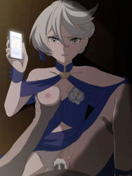 Rule 34 | 1boy, 1girl, bare shoulders, blue dress, blush, breasts, cellphone, censored, clothed female nude male, clothing aside, collarbone, crotch, cum, cum in pussy, dress, grabbing, grabbing another&#039;s breast, grey eyes, gundam, gundam suisei no majo, hair bun, hetero, highres, iphone, large breasts, looking at viewer, miorine rembran, mosaic censoring, nipples, no bra, nude, one breast out, cum overflow, panties, panties aside, parted lips, penis, phone, pov, pov crotch, pov hands, rape, salmon knight, sex, short hair, single hair bun, smartphone, solo focus, spread legs, tears, underwear, vaginal, white hair, white panties