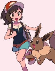 Rule 34 | 1girl, :d, brown hair, commentary request, creatures (company), eevee, elaine (pokemon), eyelashes, game freak, gen 1 pokemon, green shorts, happy, hat, highres, leg up, long hair, nintendo, open mouth, outstretched arm, pokemon, pokemon (creature), pokemon lgpe, ponytail, red headwear, shirt, shoes, short sleeves, shorts, smile, tyako 089