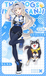 1girl absurdres animal_ears black_pantyhose blue_background blue_shorts border commentary_request dated dog dog_ears dog_girl dog_tail english_text gloves grey_hair grid_background half_gloves highres holster id_card kuroi_shiba long_hair nijisanji outline pantyhose paw_shoes scarf shioriha_ruri shirt short_sleeves shorts standing standing_on_one_leg striped_background tail trait_connection virtual_youtuber waka_(wk4444) white_background white_gloves white_shirt yellow_scarf