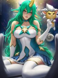 Rule 34 | 1girl, alternate costume, alternate hair color, animal ears, armlet, artist name, bare shoulders, breasts, brown eyes, choker, collarbone, commentary, dated, elbow gloves, frills, gloves, green choker, green eyes, green hair, hair between eyes, highres, horns, large breasts, league of legends, long hair, looking at viewer, magical girl, pointy ears, sciamano240, shisa (league of legends), signature, single horn, sitting, skirt, smile, soraka (league of legends), star guardian (league of legends), star guardian soraka, thighhighs, very long hair, white gloves, white thighhighs, wings