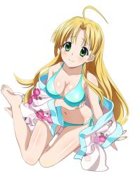 Rule 34 | 10s, 1girl, ahoge, arm support, asia argento, barefoot, bikini, blonde hair, blue bikini, breast hold, breasts, cleavage, collarbone, feet, from above, green eyes, high school dxd, japanese clothes, jpeg artifacts, kimono, long hair, looking at viewer, looking up, medium breasts, navel, open clothes, open kimono, shiny skin, side-tie bikini bottom, sideboob, sitting, smile, solo, swimsuit, transparent background, very long hair