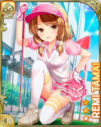 Rule 34 | 1girl, brown eyes, brown hair, card (medium), day, girlfriend (kari), gloves, golf, golf bag, golf club, holding, kneeling, looking at viewer, low twintails, official art, open mouth, outdoors, pink gloves, pink shirt, pink skirt, qp:flapper, school, shirt, skirt, smile, solo, tagme, tamai remi, twintails