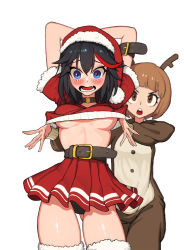Rule 34 | 2girls, absurdres, alternate costume, animal costume, antlers, arm strap, belt, black hair, black panties, blue eyes, blush, breasts, brown eyes, brown hair, clothes lift, commentary, cowboy shot, cropped sweater, embarrassed, english commentary, eyelashes, fake antlers, fang, fur-trimmed legwear, fur trim, gluteal fold, hair between eyes, hand under clothes, hat, hellk111, highres, horns, kill la kill, looking at viewer, mankanshoku mako, matoi ryuuko, medium breasts, miniskirt, multicolored hair, multiple girls, no bra, open mouth, panties, pantyshot, pleated skirt, pom pom (clothes), red hair, red headwear, red skirt, red sweater, reindeer costume, santa costume, santa hat, short hair, simple background, skin fang, skirt, streaked hair, surprised, sweater, sweater lift, tareme, thighhighs, thighs, two-tone hair, underboob, underwear, white background, yuri
