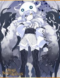 Rule 34 | 1girl, bad source, black sclera, boots, colored sclera, doppella ganger (otogi:spirit agents), fur trim, hat, heterochromia, kiya machi, knee boots, long sleeves, looking at viewer, looking down, official art, otogi:spirit agents, purple hair, second-party source, short hair, solo, yellow eyes