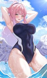 Rule 34 | 1girl, armpits, arms behind head, arms up, blue archive, blue one-piece swimsuit, blue sky, blush, breasts, cloud, competition school swimsuit, covered navel, feathered wings, gluteal fold, halo, highres, jungtong, large breasts, long hair, looking at viewer, mika (blue archive), official alternate costume, one-piece swimsuit, outdoors, pink hair, school swimsuit, sky, smile, solo, swimsuit, trinity general school swimsuit, very long hair, wading, white wings, wings, yellow eyes