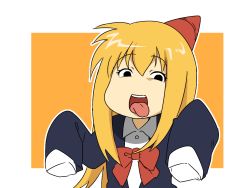 Rule 34 | +tic nee-san, blonde hair, genma iroe, hat, long hair, open mouth, oversized clothes, rararanago, ribbon, school uniform, simple background, solo, tongue, tongue out