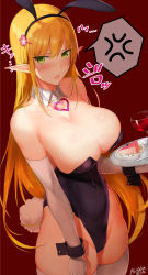Rule 34 | &gt;:o, 1girl, :o, absurdres, akitaka akita, alcohol, anger vein, animal ears, arm at side, artist name, bare shoulders, black leotard, blonde hair, blush, breasts, cake, collarbone, covered navel, cup, detached collar, drinking glass, elbow gloves, elf, fake animal ears, food, gloves, green eyes, hair ornament, hairclip, heart collar, highres, holding, holding tray, large breasts, leotard, long hair, looking at viewer, open mouth, original, plate, playboy bunny, pointy ears, rabbit ears, sidelocks, signature, solo, spoken anger vein, strapless, strapless leotard, thighhighs, thighs, tray, tsurime, v-shaped eyebrows, very long hair, white gloves, white thighhighs, wine, wine glass, wrist cuffs
