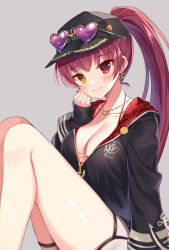 Rule 34 | 1girl, anchor symbol, baseball cap, black hat, black jacket, blush, breasts, brown eyes, cleavage, closed mouth, collarbone, earrings, eyewear on headwear, feet out of frame, grey background, hand up, hat, heart, heart-shaped eyewear, heart earrings, heterochromia, high ponytail, hololive, houshou marine, houshou marine (summer), jacket, jewelry, knees up, long hair, long sleeves, looking at viewer, mauve, medium breasts, plaid, polka dot, polka dot background, ponytail, purple-tinted eyewear, red eyes, red hair, simple background, sitting, sleeves past wrists, smile, solo, tinted eyewear, very long hair, virtual youtuber