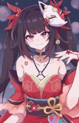Rule 34 | 1girl, absurdres, bare shoulders, blush, bow, brown hair, chest tattoo, closed mouth, collarbone, cowboy shot, criss-cross halter, dress, flower tattoo, fox mask, hair bow, halterneck, hand up, head tilt, highres, honkai: star rail, honkai (series), long hair, looking at viewer, mask, mask on head, nail polish, o-ring, obi, pink eyes, piyo to game, red bow, red dress, red nails, sash, sleeveless, sleeveless dress, smile, solo, sparkle (honkai: star rail), straight-on, tattoo, twintails