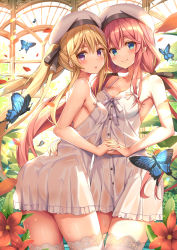 Rule 34 | 2girls, :o, ass, asymmetrical docking, bare arms, bare shoulders, black ribbon, blonde hair, blue butterfly, blue eyes, blush, breast press, breasts, bug, butterfly, cleavage, closed mouth, covered erect nipples, cowboy shot, dot nose, dress, falling petals, floating hair, flower, hair between eyes, hair ribbon, hand on another&#039;s waist, hat, highres, holding hands, indoors, insect, interlocked fingers, long hair, looking at viewer, low twintails, medium breasts, multiple girls, no bra, no panties, original, parted lips, petals, plant, purple eyes, red flower, red hair, ribbon, see-through, sidelocks, small breasts, smile, spaghetti strap, sparkle, standing, sundress, sweat, thighhighs, thighs, twintails, white dress, white headwear, white thighhighs, yuuki yuu