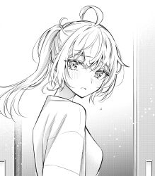 Rule 34 | 1girl, ahoge, alisa mikhailovna kujou, blush, breasts, commentary, frown, greyscale, highres, long hair, looking at viewer, looking back, monochrome, official art, parted lips, ponytail, raised eyebrows, solo, symbol-only commentary, tenacitysaho, tokidoki bosotto roshia-go de dereru tonari no arya-san, white background