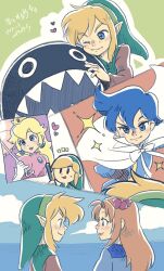 Rule 34 | 2boys, 2girls, :t, black eyes, blonde hair, blue dress, blue eyes, blue gemstone, blue hair, blue shirt, blue sky, blush, bow wow (zelda), brooch, brown shirt, cape, chain chomp, cheek press, chibi, chibi inset, closed mouth, cloud, collared cape, crossover, dated, day, dress, earrings, elbow gloves, eye contact, flower, from behind, gem, gloves, green headwear, hair flower, hair ornament, hand on another&#039;s face, hand on own hip, hand up, happy, hat, heart, high collar, highres, holding, holding umbrella, horizon, japanese text, jewelry, kaeru no tame ni kane wa naru, link, long hair, long sleeves, looking at another, looking at viewer, marin (zelda), mario (series), matching hair/eyes, multiple boys, multiple girls, multiple views, nintendo, nose blush, notice lines, ocean, one eye closed, open mouth, orange hair, outdoors, outline, parasol, parted lips, pink dress, pink flower, pink lips, pointy ears, prince richard (kaeru no tame ni kane wa naru), princess peach, profile, puffy short sleeves, puffy sleeves, sharp teeth, shirt, short hair, short sleeves, sidelocks, sky, smile, sparkle, sphere earrings, teeth, the legend of zelda, the legend of zelda: link&#039;s awakening, translation request, ukata, umbrella, upper body, white cape, white gloves, white outline