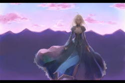 Rule 34 | 1girl, ahoge, artoria pendragon (fate), blonde hair, dress, fate/stay night, fate (series), green eyes, hair down, kmitty, letterboxed, long hair, mountain, saber (fate), solo