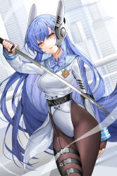 Rule 34 | 1girl, blue bow, blue hair, blue shirt, bow, bowtie, brown gloves, brown pantyhose, cityscape, collared shirt, commentary, commission, cowboy shot, english commentary, fingerless gloves, girls&#039; frontline, gloves, hand up, high-waist pantyhose, highres, holding, holding weapon, katana, leotard, lloule, long hair, long sleeves, looking at viewer, multicolored shirt, pantyhose, parted lips, pixiv commission, robot ears, shirt, solo, standing, swept bangs, sword, tar-21 (girls&#039; frontline), thigh strap, thighs, very long hair, weapon, white leotard, white shirt, yellow eyes