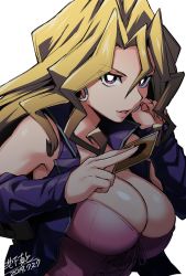 Rule 34 | 1girl, 2019, bare shoulders, blonde hair, breasts, card, cleavage, dated, earrings, half-closed eyes, highres, ikeshita moyuko, jacket, jewelry, kujaku mai, large breasts, long hair, long sleeves, looking at viewer, off shoulder, open clothes, open mouth, purple eyes, smile, solo, upper body, yu-gi-oh!