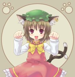Rule 34 | 1girl, animal ears, betanya, brown hair, cat ears, cat girl, cat tail, chen, dress, earrings, fangs, female focus, happy, hat, jewelry, multiple tails, paw pose, paw print, purple eyes, short hair, solo, tail, touhou