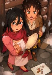 Rule 34 | 1boy, 1girl, aged down, black eyes, black hair, blush, boots, brown coat, brown hair, coat, cobblestone, coin, commentary, dress, english commentary, eren yeager, from above, green eyes, hair between eyes, highres, holding, instrument, khyle., looking down, looking up, mikasa ackerman, music, outdoors, pink coat, playing instrument, red footwear, scarf, shingeki no kyojin, short hair, singing, slippers, snow, snowing, tambourine, white dress, winter