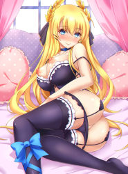 Rule 34 | 1girl, ass, azur lane, bare shoulders, bed sheet, blonde hair, blue eyes, blush, breasts, choker, closed mouth, collarbone, flower, garter straps, gatchapowa, hair between eyes, hair ornament, hair ribbon, indoors, lace, lace-trimmed legwear, lace trim, large breasts, laurel crown, lingerie, long hair, looking at viewer, lying, nipples, nose blush, panties, panty pull, pillow, purple choker, purple flower, purple panties, purple ribbon, purple rose, purple thighhighs, ribbon, rose, smile, solo, strap slip, thighhighs, underwear, very long hair, victorious (azur lane), window