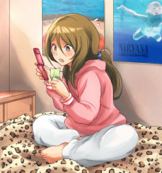 Rule 34 | 1girl, animal print, barefoot, bed, brown eyes, brown hair, casual, cellphone, commentary, extra, feet, hood, hoodie, k-on!, leopard print, long hair, nevermind, nirvana (band), on bed, pants, penis, phone, ponytail, poster (medium), red hot chili peppers, sakayama shinta, solo, sweatpants, tachibana himeko