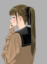 Rule 34 | 1girl, absurdres, back, bad id, bad pixiv id, black nails, blush, brown hair, cardigan, green eyes, grey background, hand on own chin, highres, hiramedousa, long hair, looking at viewer, nail polish, original, ponytail, school uniform, serafuku, simple background, sleeves past wrists, solo