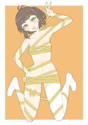 Rule 34 | 1girl, :d, absurdres, antenna hair, asymmetrical legwear, border, brown hair, donguri suzume, fang, hand on own hip, hand up, head tilt, highres, itomaki ori, kneeling, looking at viewer, mismatched legwear, naked ribbon, one side up, open mouth, orange background, pygmalion. (group), ribbon, simple background, single sock, single thighhigh, smile, socks, solo, thighhighs, uneven legwear, virtual youtuber, w, white border, white socks, yellow eyes, yellow ribbon