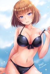 Rule 34 | 10s, 1girl, arm support, artist name, bad id, bad twitter id, bikini, black bikini, brave witches, breasts, brown hair, cowboy shot, front-tie top, gundula rall, haruhata mutsuki, looking at viewer, medium breasts, navel, parted lips, purple eyes, short hair, solo, swimsuit, twitter username, world witches series