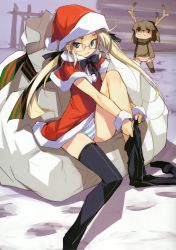 Rule 34 | 2girls, absurdres, animal costume, antlers, blonde hair, blue eyes, bow, bowtie, christmas, dressing, e=mc2 (mosimosi), glasses, hair bow, hat, highres, holiday, horns, long hair, megami magazine, megami magazine deluxe, multiple girls, panties, pantyshot, reindeer costume, santa costume, santa hat, scan, sitting, striped clothes, striped panties, thighhighs, thighhighs pull, twintails, underwear